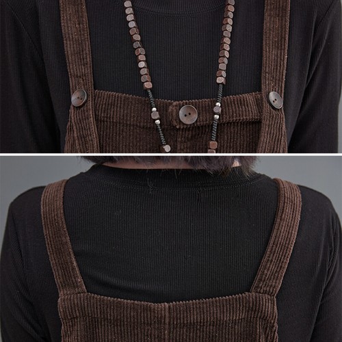 Women Midi Suspender Braces Overall Dress Loose Corduroy Casual Pockets Dress - Picture 11 of 15