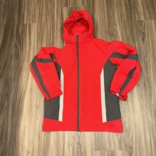 LL Bean Jacket Youth M10-12 Red Gray Hooded Waterproof Shell Item 277662