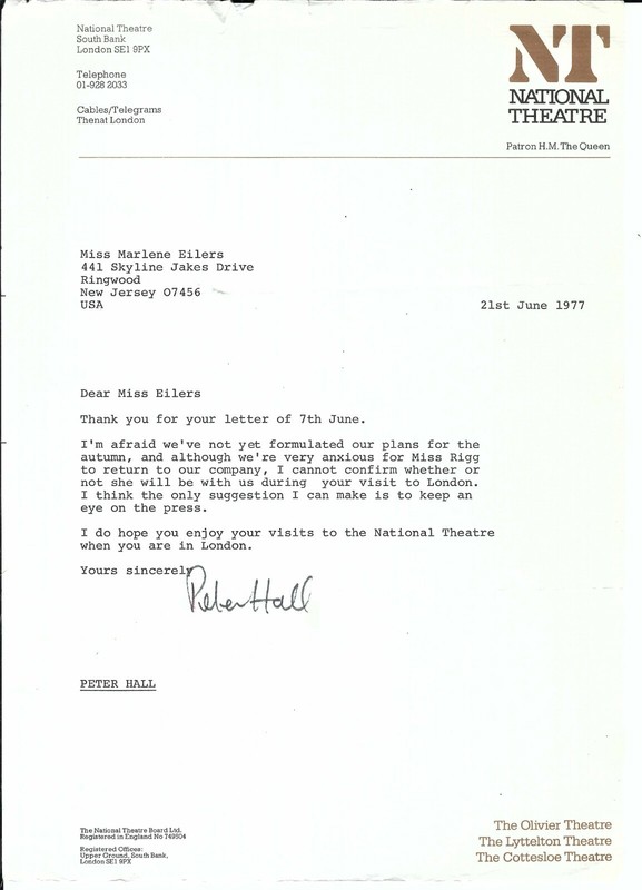 2 letters from Sir Peter Hall about Diana Rigg (1976-77) Original