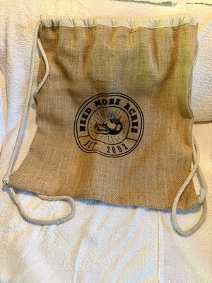 Burlap Drawstring Backpack Printed Logo That Reads Need More Acres Est 2002..US