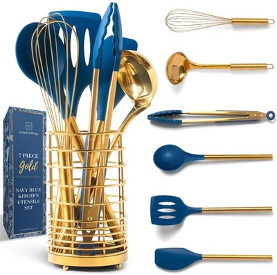 Gold and Navy Blue Kitchen Utensils Set - 7-Piece Silicone Cooking Tools for ...
