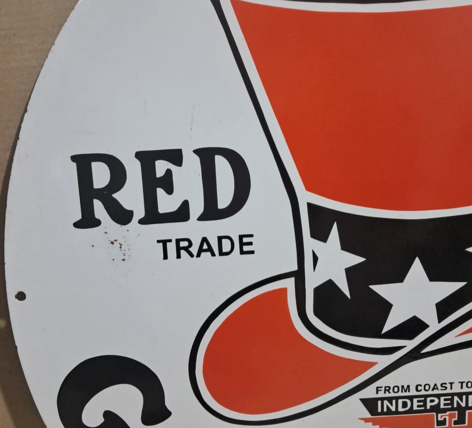 Red Hat Gasoline Porcelain Enamel Sign 30 x 30 Inches 1 Sided - Image 2 of 4