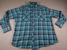 Vintage Wrangler Wrancher Shirt Mens XL Blue Plaid Pearl Snap Western Flannel