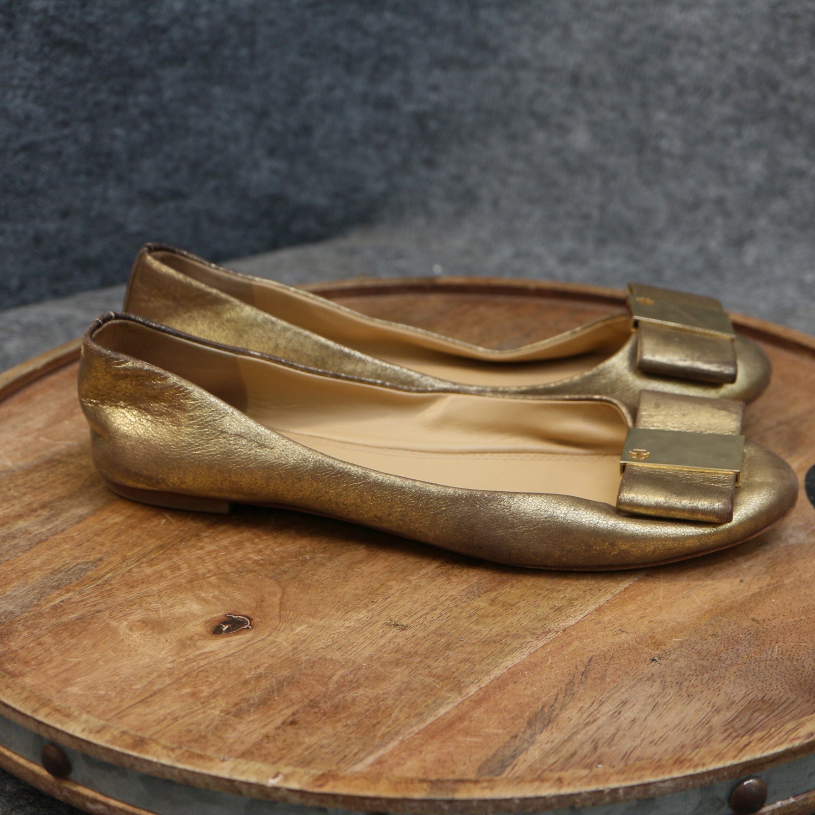 Tory Burch Chase Ballet Flats Size 8 M Metallic Gold Leather Bow Slip On Shoes