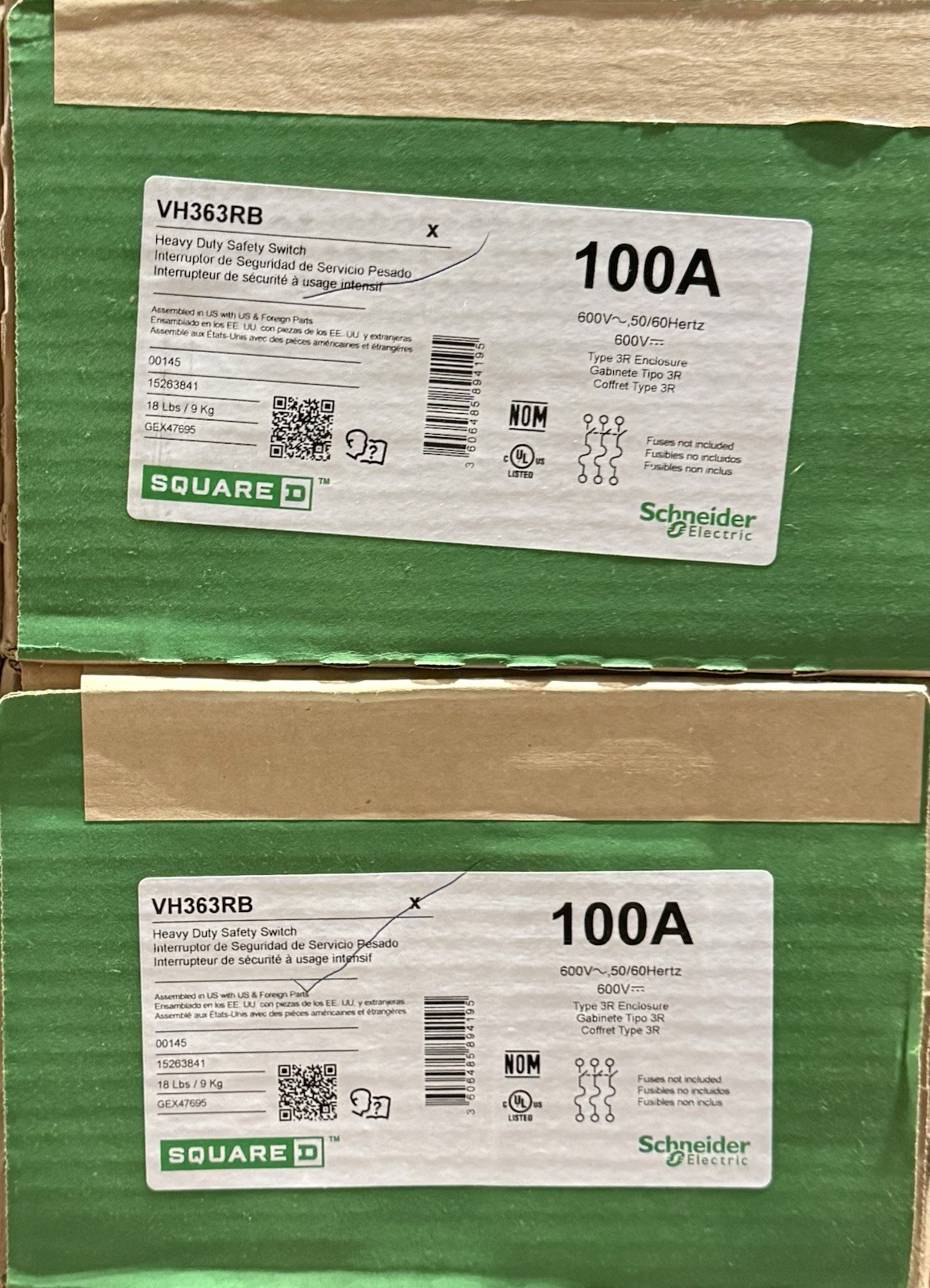 Square D VH363RB VisiPac 100A 600V Heavy Duty Safety Switch Type 3R Fusible