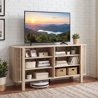 Modern 59'' TV Stand for TVs up to 55'', Adjustable Shelves, Natural Finish