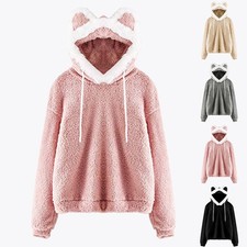 Womens Cat Ears Teddy Bear Sweatshirt Fluffy Fleece Winter Jumper Hoodies Tops *