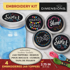 Dimensions Crafts Jar Toppers Embroidery Kit Sweets 4pc Mason Jar Lid Covers