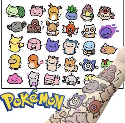 30 x Pokemon Kawaii Stil Temporäre Tattoos | Niedliches Cartoon Kinder Geschenk | UK VERKÄUFER