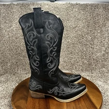 Rollda Boots Womens Size 8.5 Black Tall Western Cowboy Embroidered Pull On
