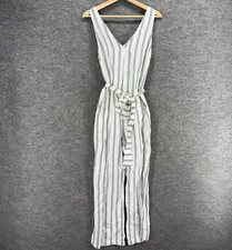 A New Day Jumpsuit Women XS White Striped V-Neck Sleeveless Belted Linen Casual