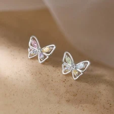 Fashion 925 Silver Crystal Colourful Butterfly Stud Earrings Womens Jewellery
