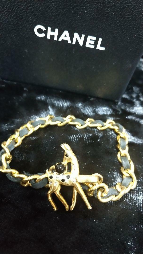大人エレガント♡CHANEL ゴールドブラックブレス Auth CHANEL Rhinestone Deer Charm Leather Chain Bracelet