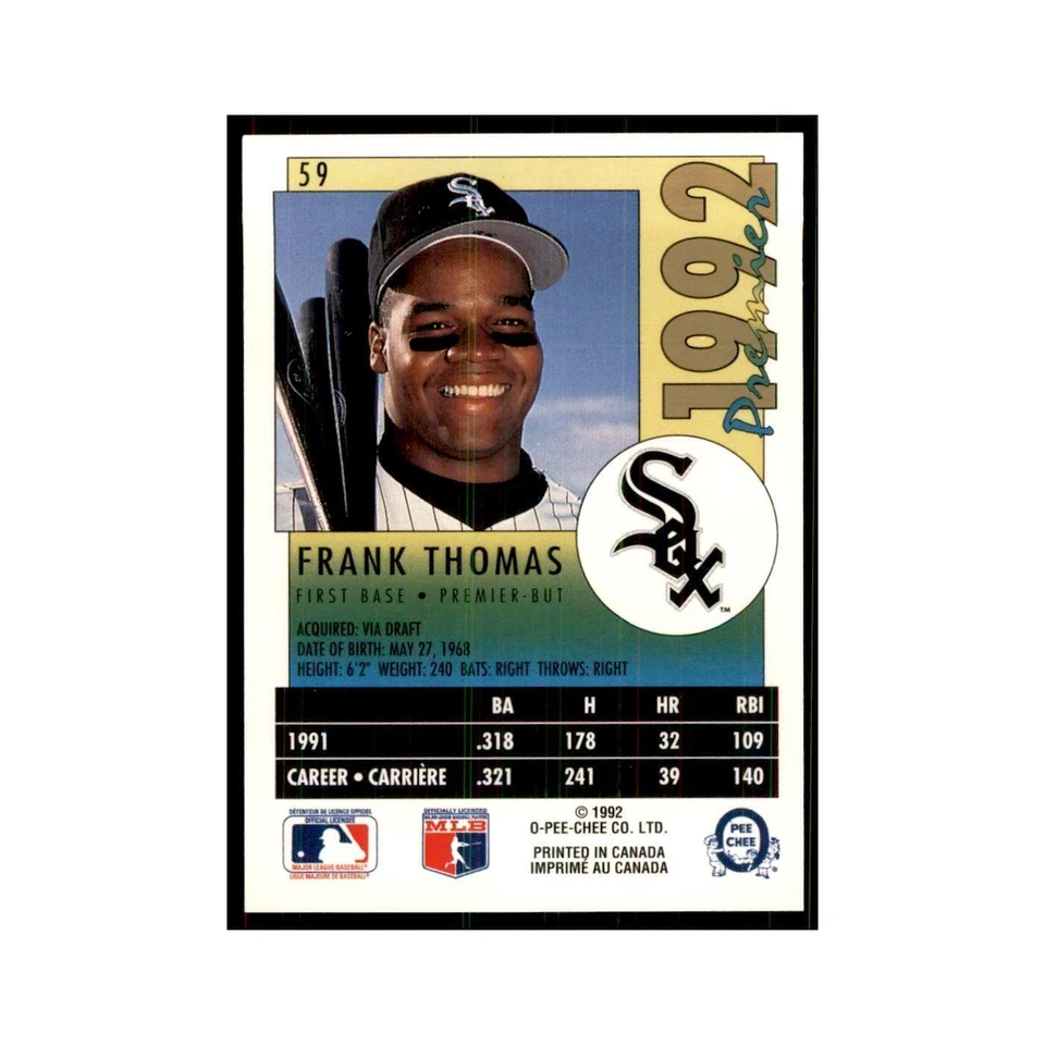 1992 O-Pee-Chee Premier Frank Thomas White Sox #59 - Image 2 of 3