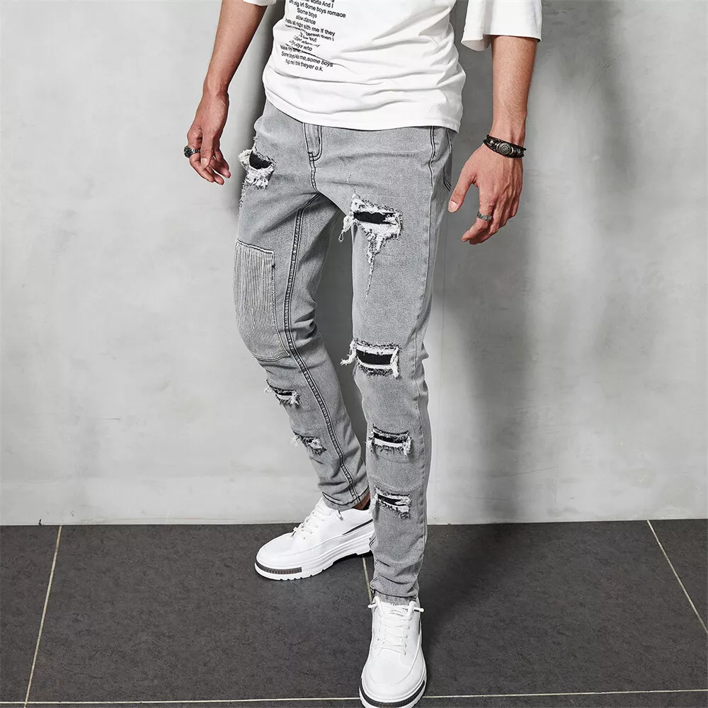 Mens Skinny Ripped Jeans Denim Pants Casual Stretch Slim Fit Hip Hop Trousers