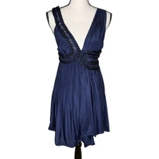 Leon Max Limited Edition Navy Silk Blnd Fit & Flare Drape Hem Dress Sz XS Party