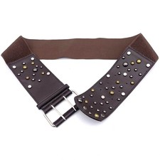 Dark Brown Women Faux Leather Elastic Belt with Silver Rivets End to End 36.5 In