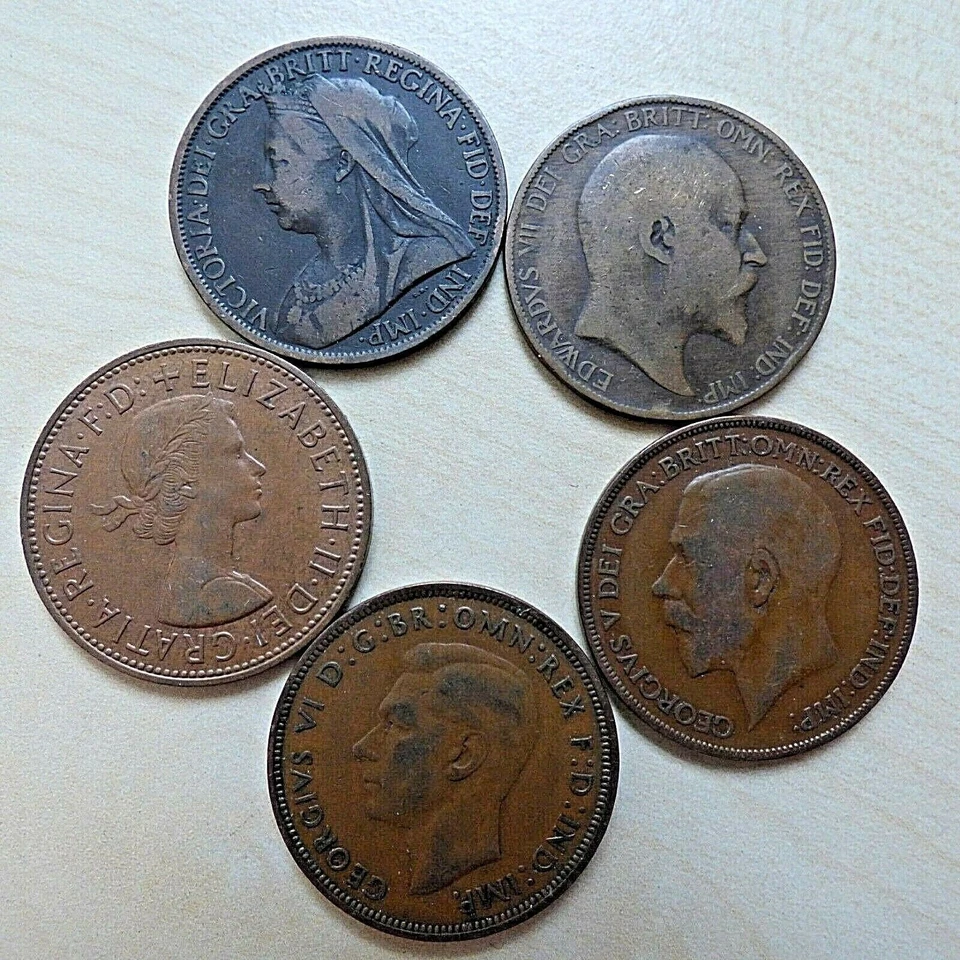 Queen Victoria Elizabeth II King Edward VII George V VI One Penny Set Old Money