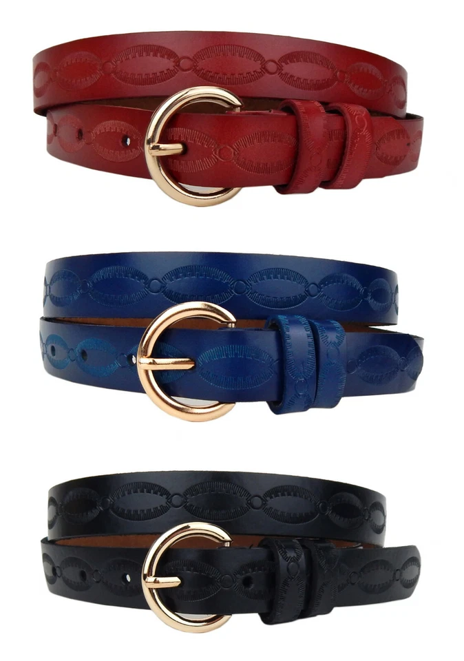 ELLA JONTE Damen Ledergürtel schmaler Gürtel 3 Farben Schwarz Rot Blau Leder Schnalle gold