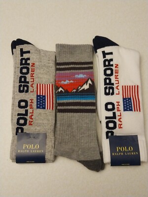  3 -POLO RALPH LAUREN  Hot Soxx POLO SPORT Crew Socks USA Flag Hiking Mountains