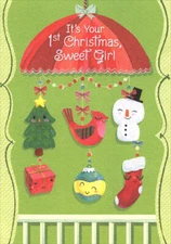 Mobile with Tree Cardinal Snowman Ornament Baby Girl 1st Christmas Card