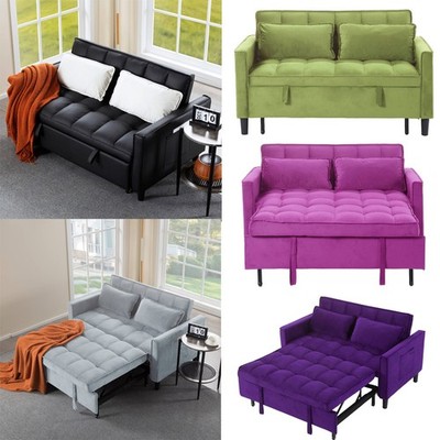 Pull-Out Sleeper Sofa Bed Twin Size Velvet/PU w/ Storage Pocket 2 Pillows Tufted
