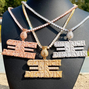 Authentic 5AAA+ CZ Ice Out Hop Hip Get Rich Or Die Trying Pendant Chain 14k Gold Plated