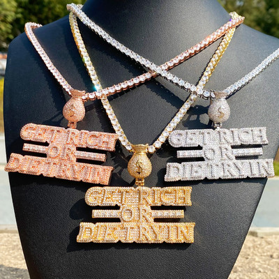 5AAA+ CZ Ice Out Hop Hip Get Rich Or Die Trying Pendant Chain 14k Gold Plated