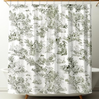 Vintage French Frog Toile Shower Curtain Cotton Print Curtain with 12 Metal Hook