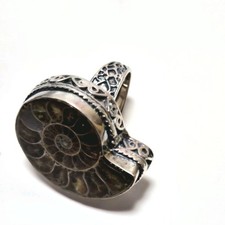 925 Sterling Silver Ammonite Fossil Statement Ring Filigree Band Size 8 Boho
