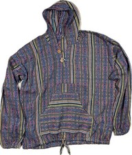 Multicolor Striped Woven Baja Hoodie Pullover Button Drawstring Hooded Pockets