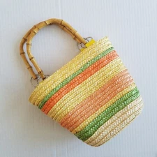 Sun n Sand Woven Straw Boho Bag Double Bamboo Handles Coastal Summer Colorful 
