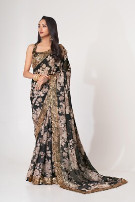 Launching New Black Organza Saree With Sequence Work Blouse For Function
