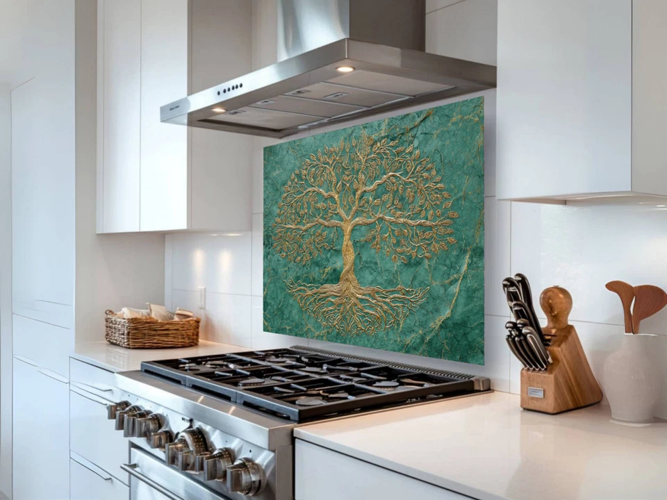 Árbol de la Vida Splashback Diseño Dorado en Mármol Verde Estufa Endurecida Salpicadero Foto 2 de 4