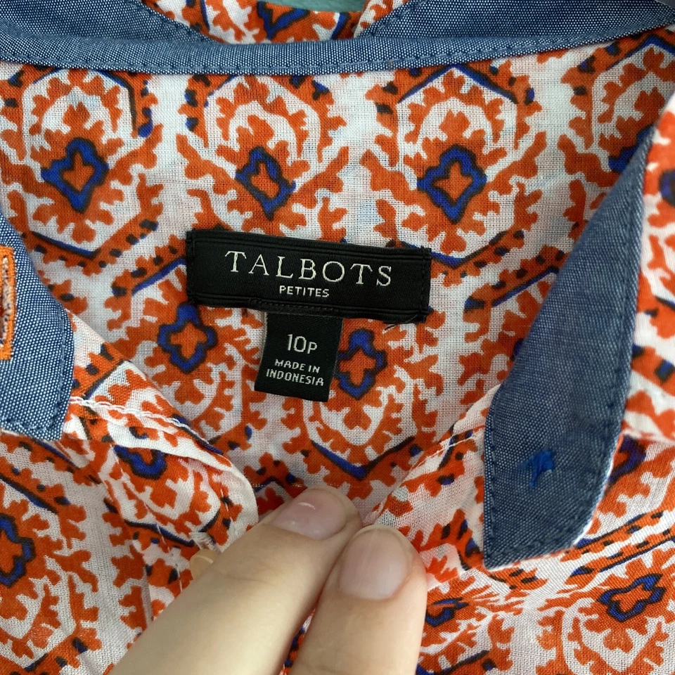 Talbots Button Up Collared Shirt ~ Sz 10P ~ White & Orange ~ Long Sleeve - Image 2 of 3