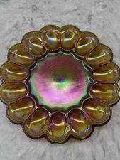 VINTAGE IRIDESCENT INDIANA CARNIVAL GLASS DEVILED EGG DISH SERVING PLATE PLATTER
