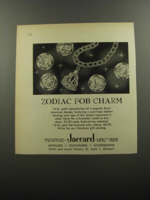 1956 Mermod Jaccard King Jewelry Ad - Zodiac fob charm