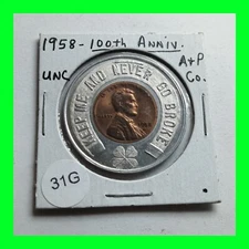 1958-D Lincoln 1c Encased Lucky Penny A&P 100th Anniversary Never Go Broke