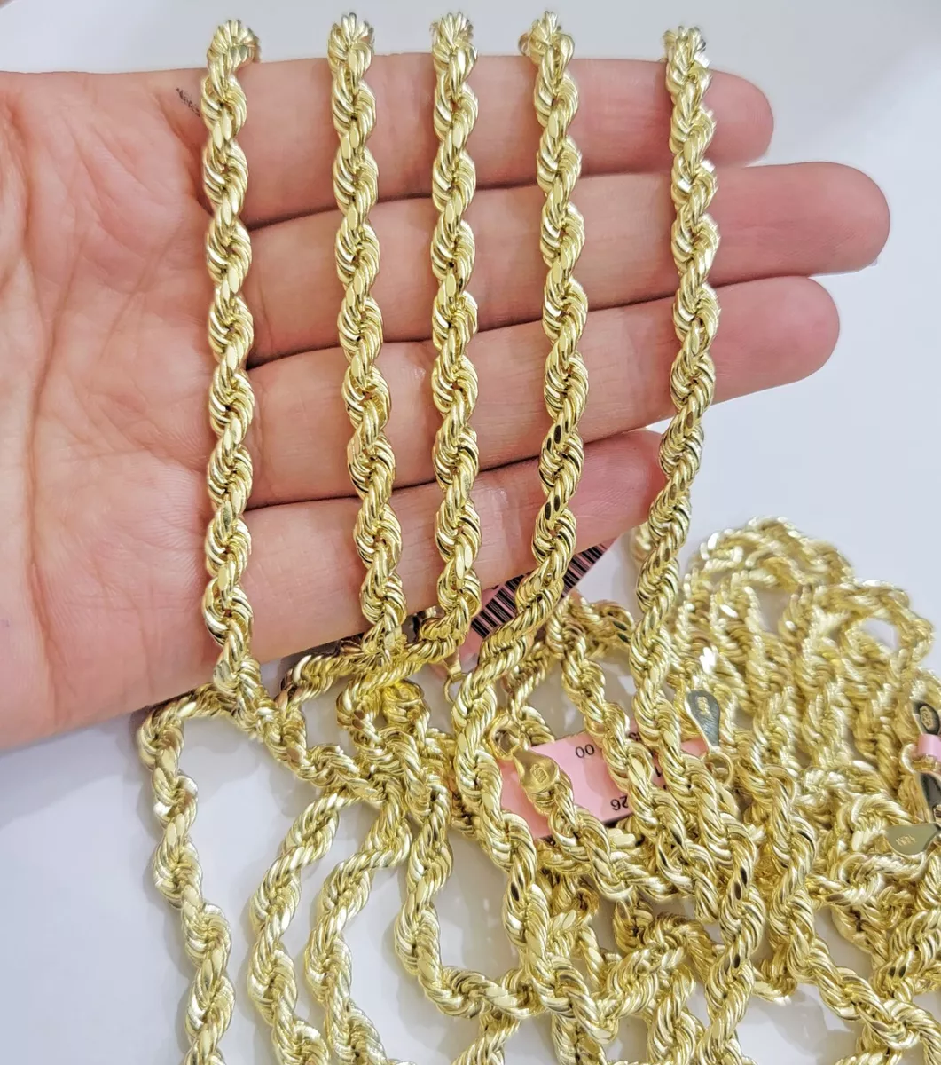 Real 14k Gold Rope chain 24 Inch 5mm Diamond Cuts 14kt Yellow Gold Men Women