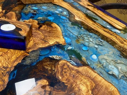 Custom Order Olive Wood River Blue Beige Turquoise Aquarium Epoxy Table-Resin - Picture 6 of 17