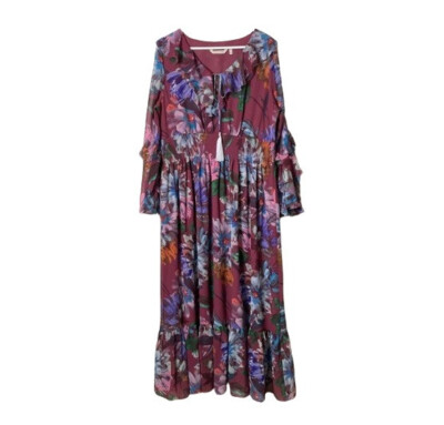Soft Surroundings fiore rosa purple floral chiffon ruffle maxi dress L boho