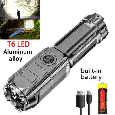 T6 LED Flashlight USB Rechargeable Built-in Battery Strong Light Camping Torch