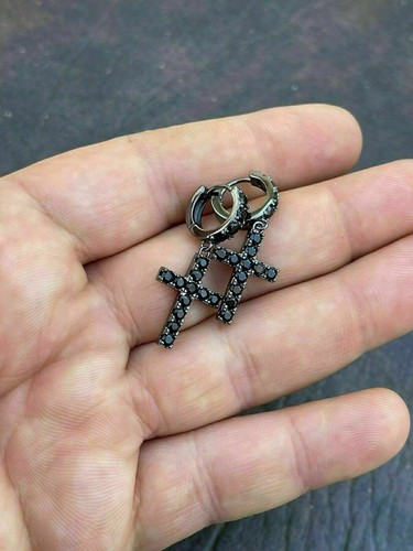 2Ct Round Black Created Stone Unisex Cross Drop Hoop Earring 14K Black Gold Over - Picture 4 of 7