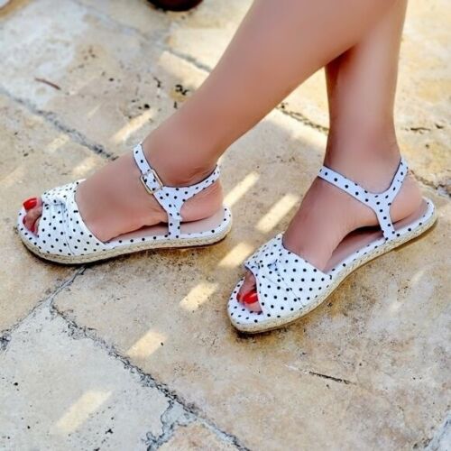 Women's Espadrille Open Toe Polkadot Ankle Strap Flat Sandals White Color (5.5) - Picture 3 of 4