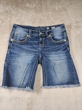 Miss Me Jean Shorts Youth 16 Blue Faded Whiskers Embroidered Button Back Pockets