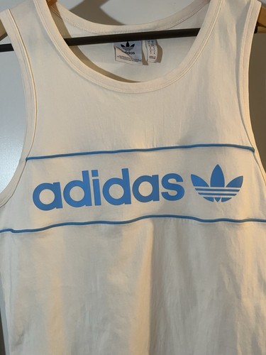 Adidas Trefoil Logo Tank Top Men’s Size S Cream Blue Sleeveless Shirt Spell Out - Picture 15 of 19
