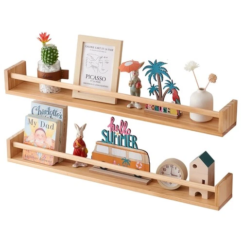 Wooden Floating Bookshelf 2pc Solid Pine Nursery Wall Shelves 80cm – Natural