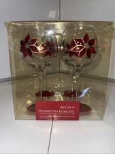 4 Linens N Things Wine Glasses Goblets Christmas Poinsettia 16 Ounces