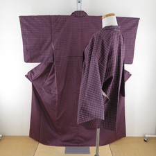 Tsumugi kimono Ansemble Silk Grid pattern Navy 63.2inch Women's