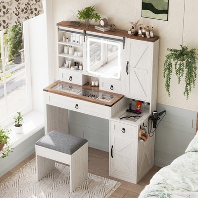 Farmhouse Vanity Desk Set with Sliding LED Mirror & Storage Drawers & USB Ports